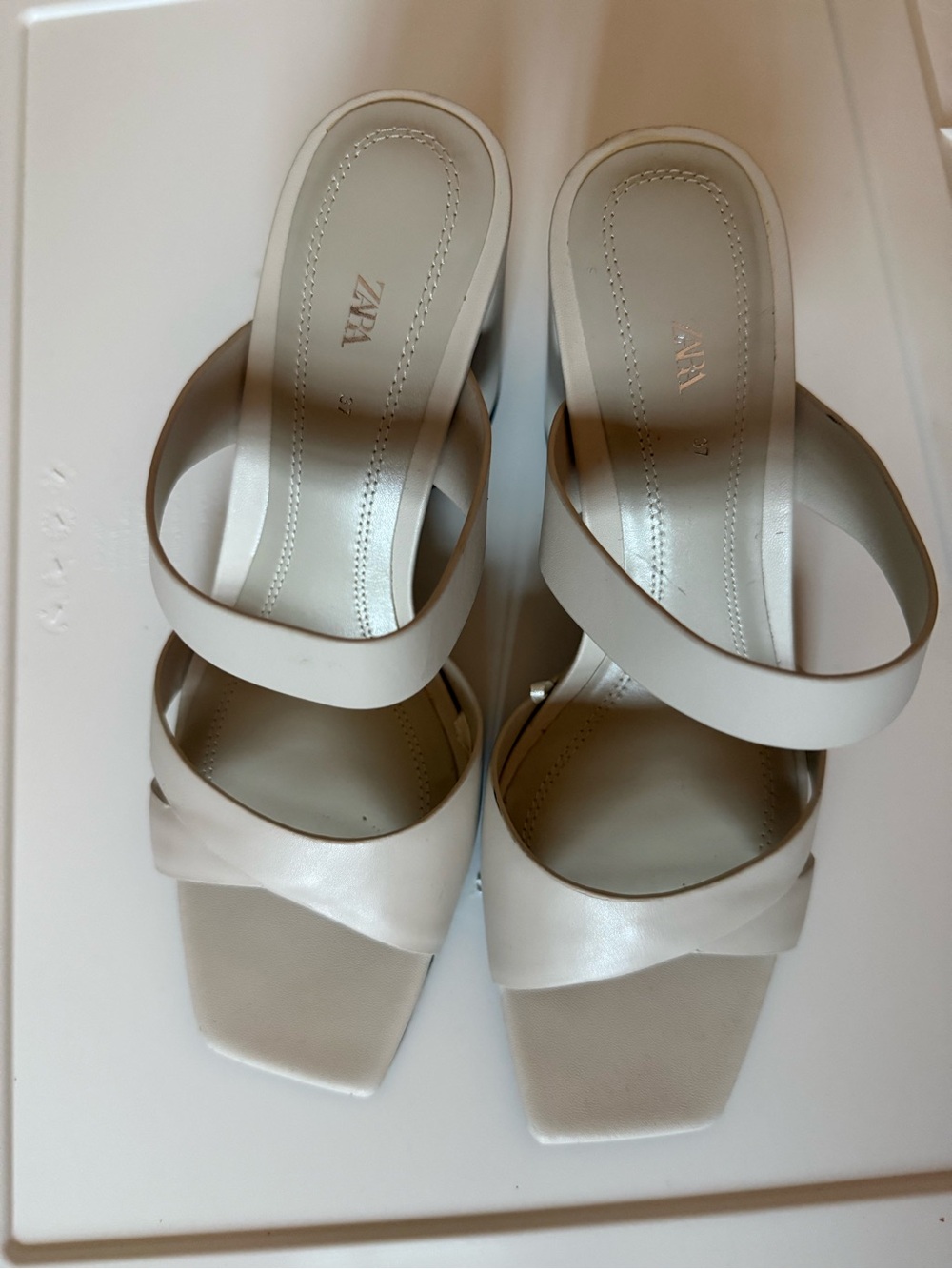 Zara Cream Double-Strap Square-Toe Slide Mules
